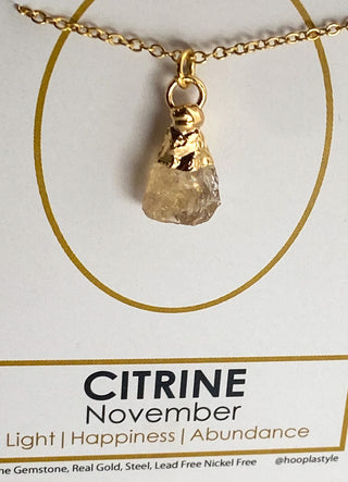 Birthstone Nugget- November- Citrine Genuine Gemstone- Steel Chain Necklace
