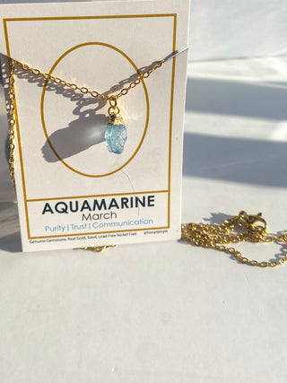 Birthstone Nugget- March- Aquamarine Genuine Gemstone- Steel Chain Necklace