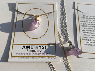 Birthstone Nugget- February- Amethyst Genuine Gemstone- Steel Chain Necklace