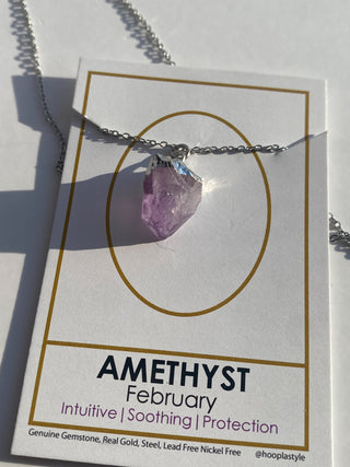 Birthstone Nugget- February- Amethyst Genuine Gemstone- Steel Chain Necklace