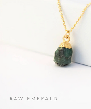 May - Emerald - Birthstone Natural Raw Nugget 925 Gold Gemstone Necklace