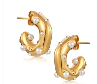 Puffy C Hoop Earrings, Pearl of Crystal