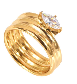 Wrapped Marquee Diamond Stainless Steel Coil Ring 14K