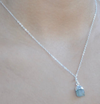 Birthstone Nugget- March- Aquamarine Genuine Gemstone- Steel Chain Necklace