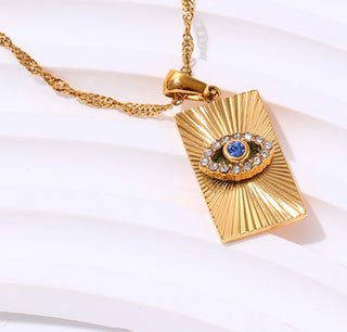 Evil Eye Talisman Tag Pendenat 14K Gold Steel Necklace