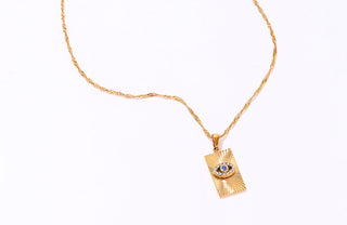 Evil Eye Talisman Tag Pendant 14K Gold Steel Necklace