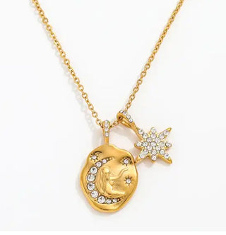 Goddess Talisman Coin Moon and Stars 14K Gold Steel Necklace