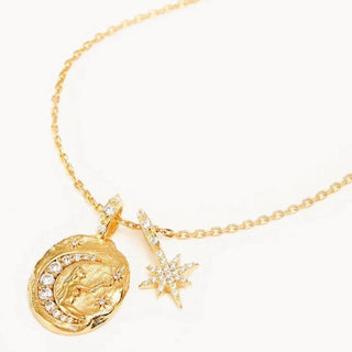Goddess Talisman Coin Moon and Stars 14K Gold Steel Necklace